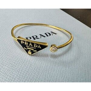 Prada Black Enamel Triangle Logo Metal Cuff Bangle Bracelet